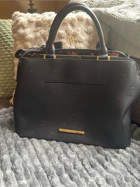 Black Women's Satchel Handbag with Embossed Skull Pattern